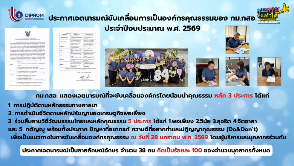 เผยแพร่ผลสำเร็จการดำเนินงานและองค์ความรู้การขับเคลื่อนองค์กรคุณธรรม ประจำปี พ.ศ. 2569