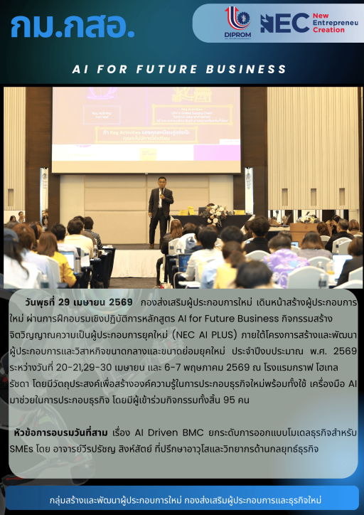 การฝึกอบรมเชิงปฏิบัติการหลักสูตร AI for Future Business กิจกรรมสร้างจิตวิญญาณความเป็นผู้ประกอบการยุคใหม่ (NEC AI PLUS) หัวข้อ "AI Driven BMC ยกระดับการออกแบบโมเดลธุรกิจสำหรับ SMEs" ณ โรงแรมกราฟ โฮเทล รัชดา กรุงเทพฯ