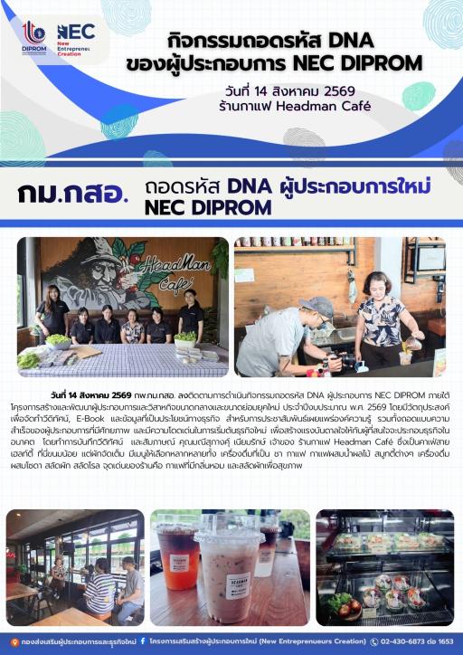 กพ.กม.กสอ. ลงติดตามการดำเนินกิจกรรมถอดรหัส DNA ผู้ประกอบการ NEC DIPROM ณ ร้านกาแฟ Headman Café